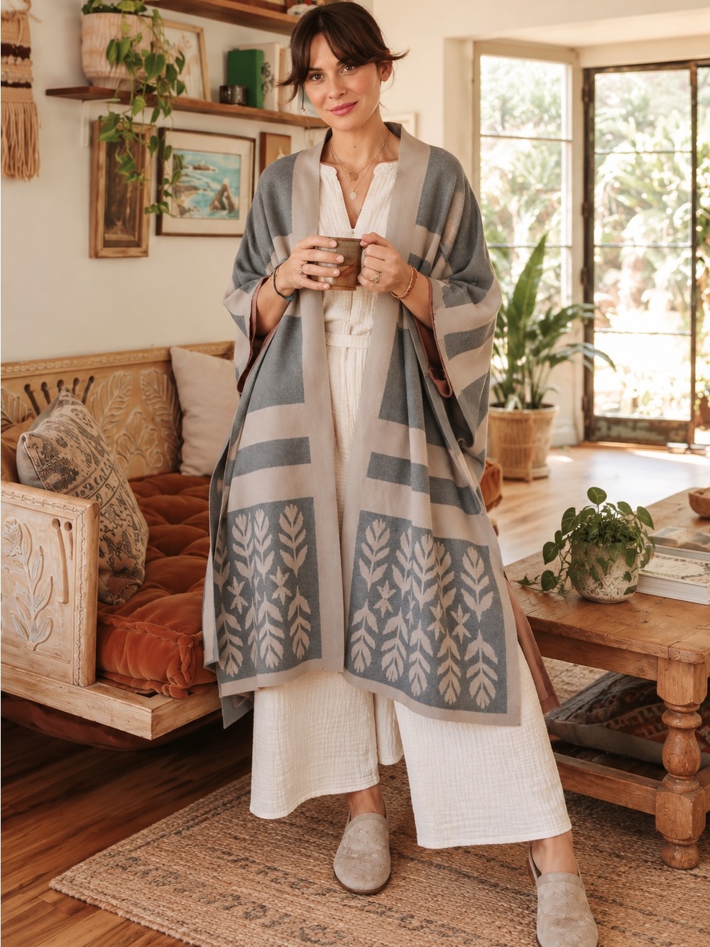 Oddbird Co. Saril Convertible Cardigan Wrap Turkish Cotton Printed Latte S